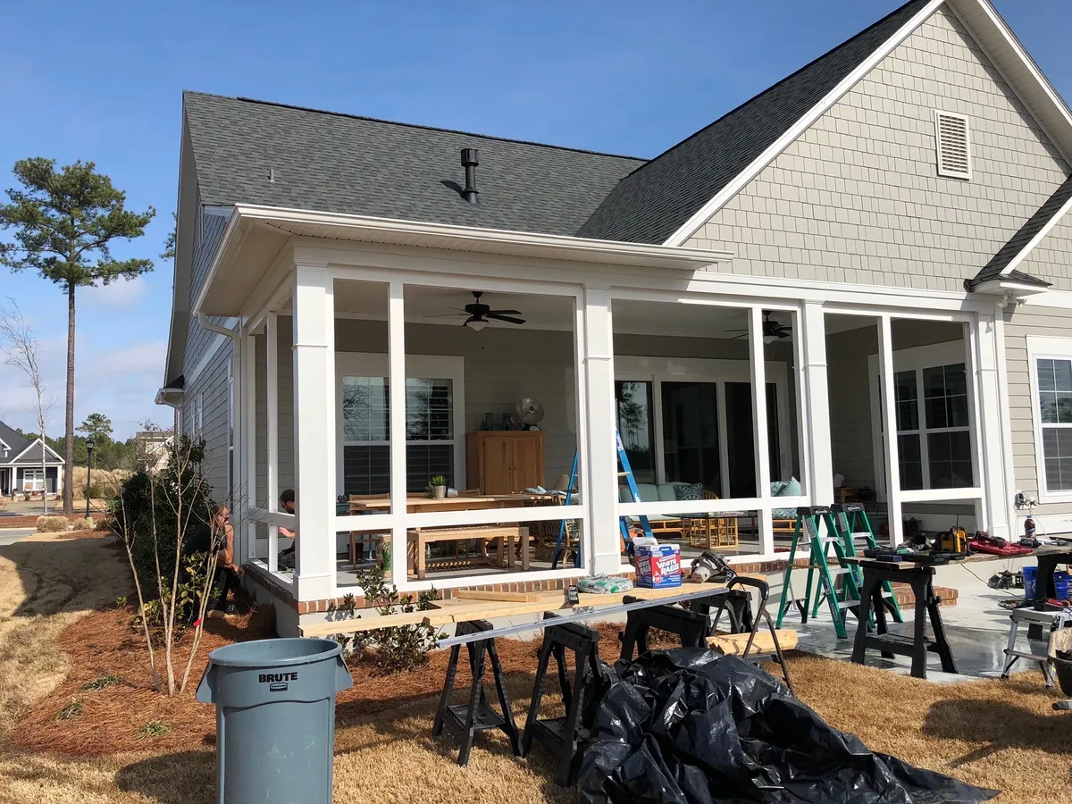 Sunroom framing going up on site with tools laid out