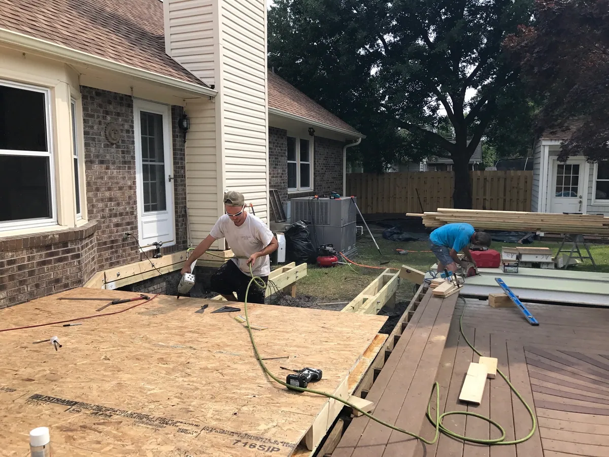 Subfloor sheathing going down on a new platform