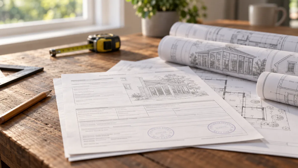 Municipal permit application and sunroom drawings on a desk