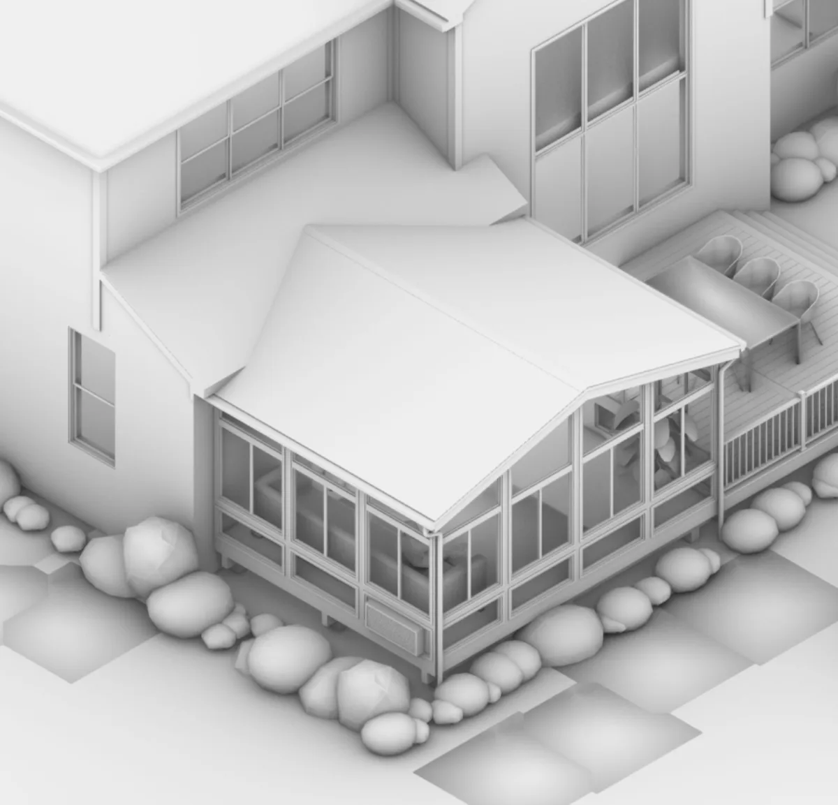 3D model of a proposed sunroom on the back of a house