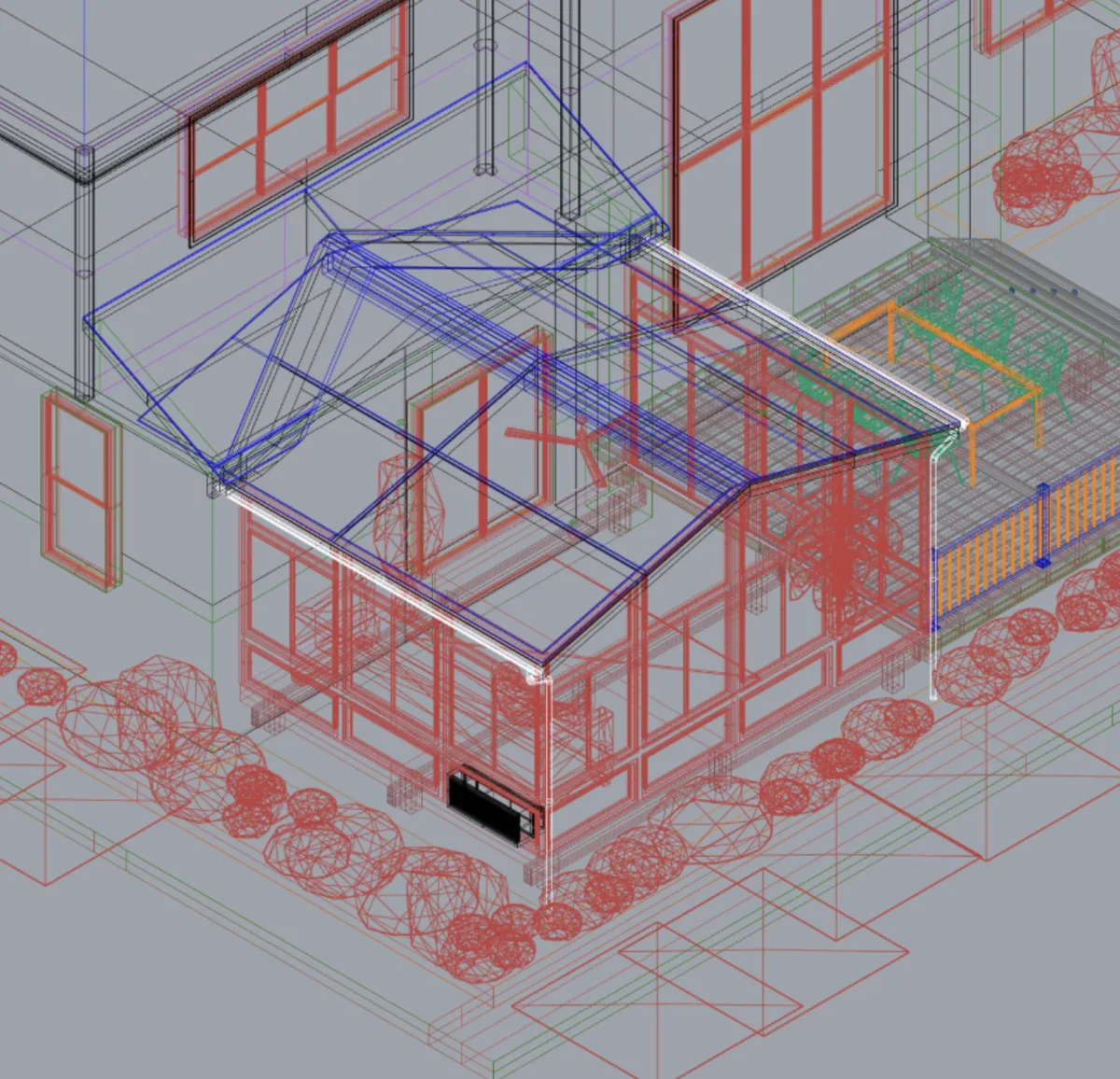 Technical wireframe drawing of the same sunroom