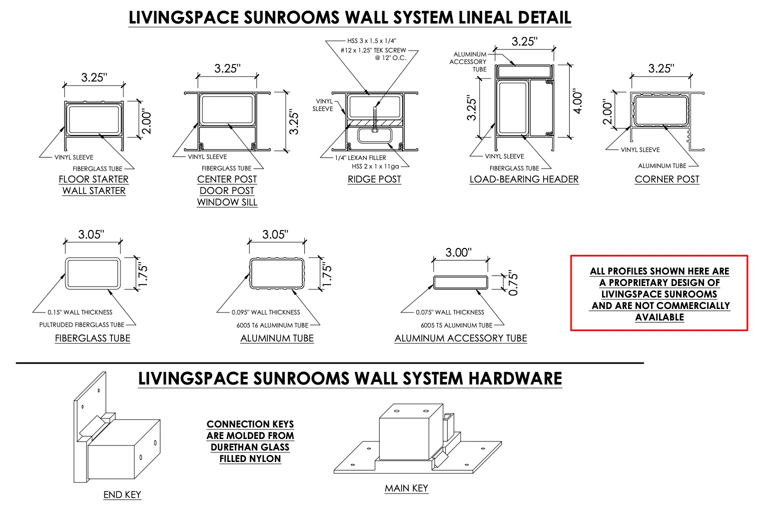 Precision wall-system profile drawing with dimensions and connection keys