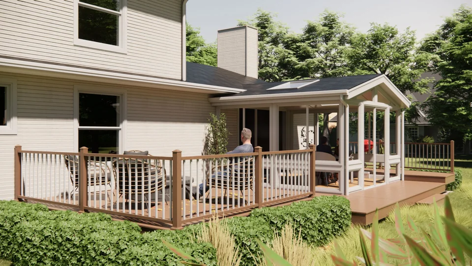 Exterior rendering of the finished sunroom and deck