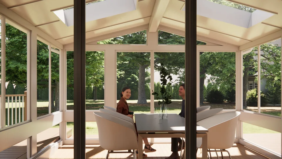 Interior rendering looking out from the finished sunroom